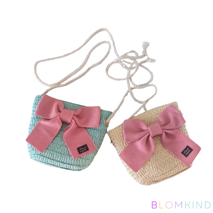 Girls Bow Light Blue Straw Bag