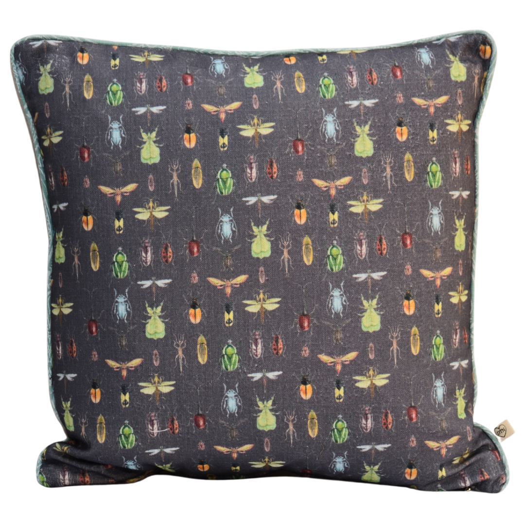 Bugs Grey Small Cushion Cover. 50cm x 50cm. Local fabric & locally made.