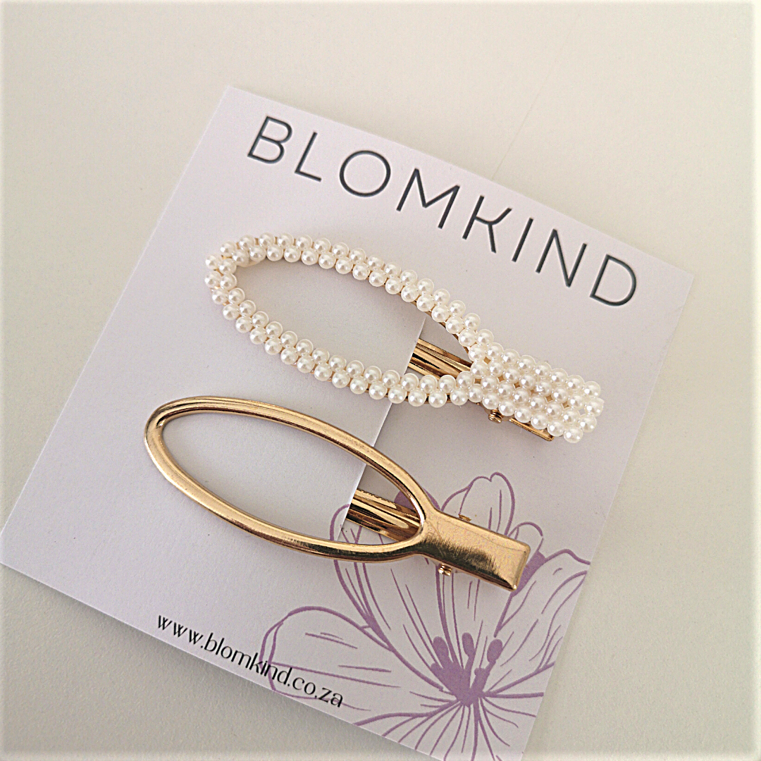 Diagonal Pearl & Gold Hairclip Set