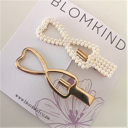 Bow Pearl & Gold Hairclip Set