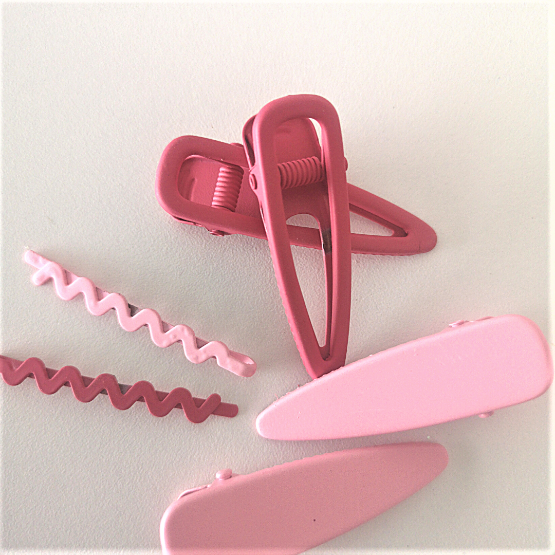 Pink Spiral Small Metal Hairclips. Set of 2 Alligator clips & 2 hairpins. 