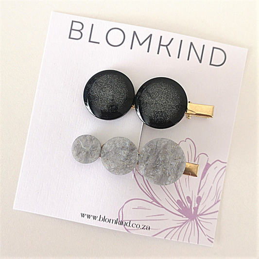 Round Black & Silver Hairclip Set